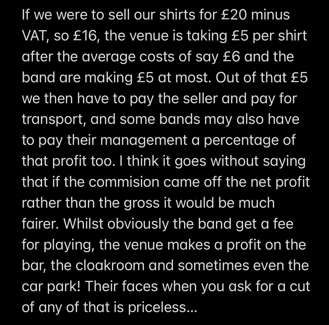 peterhook's tweet image. Some thoughts about venues charging a commission on sales of band merchandise… sometimes up to 25%.

Well done @Tim_Burgess for starting this conversation. I have been battling this for many years now and fully support a change to this practise.
