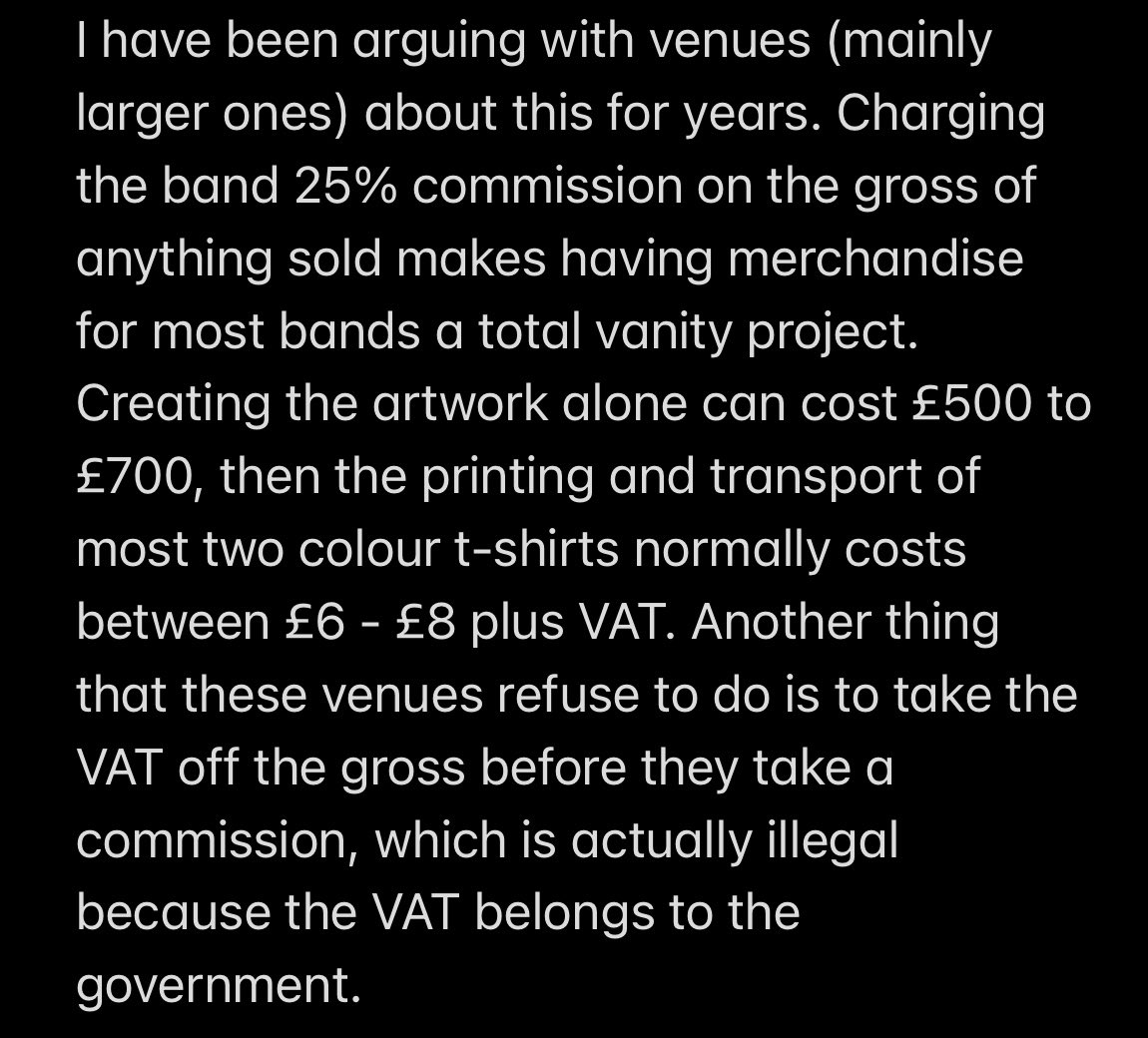 peterhook's tweet image. Some thoughts about venues charging a commission on sales of band merchandise… sometimes up to 25%.

Well done @Tim_Burgess for starting this conversation. I have been battling this for many years now and fully support a change to this practise.