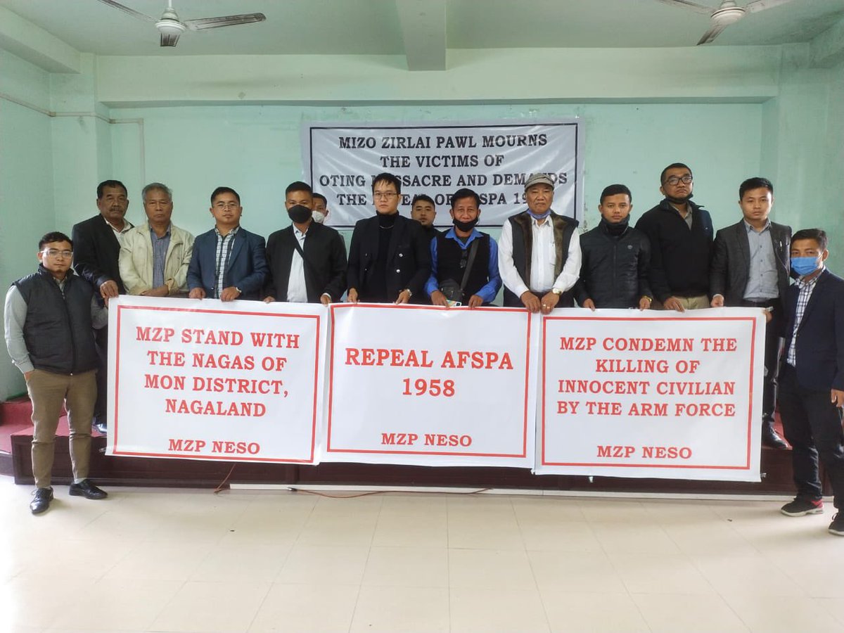 HimbTenyebinlo's tweet photo. Mizo Zirlai Pawl (MZP) in solidarity with the Nagas in regard to 4th December incident at Oting, Mon, Nagaland.
#RepealAFSPA #RevokeAFSPA #Northeast https://t.co/s0Q84Q147h