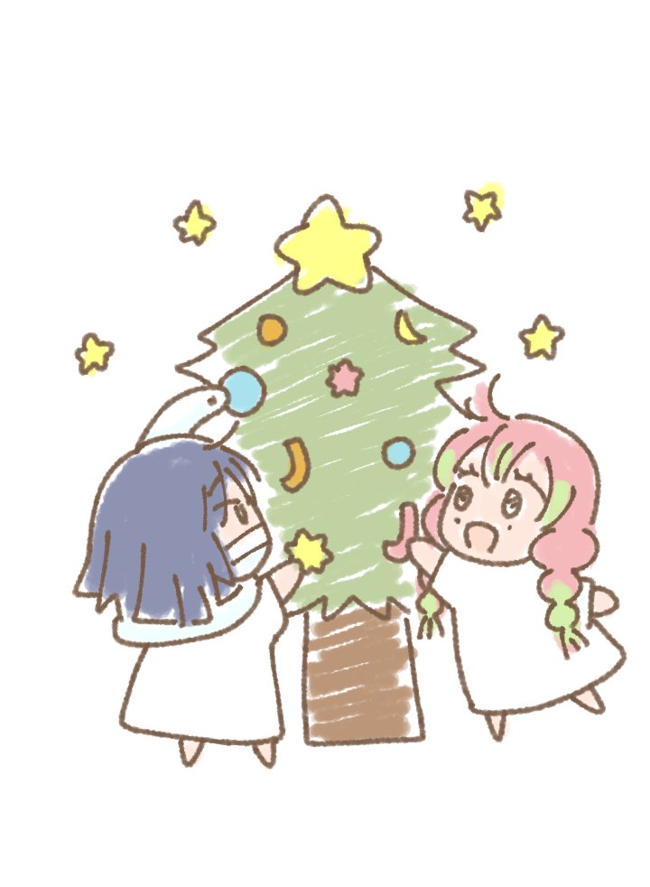 kanroji mitsuri pink hair christmas tree green hair 2girls multiple girls braid chibi  illustration images