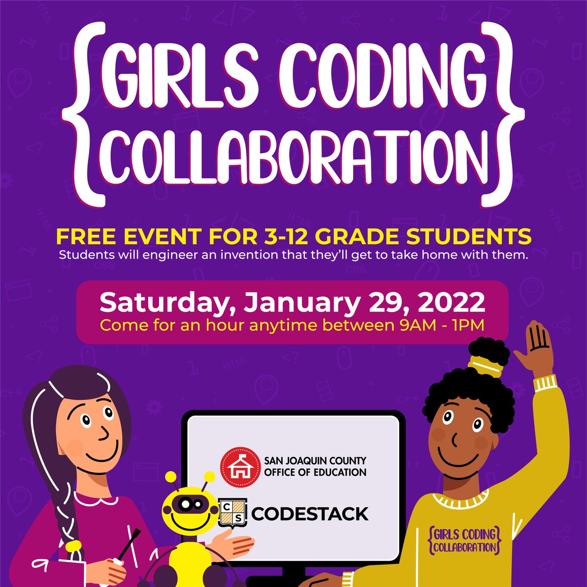 CodeStackStkn's tweet image. Happy CS Education Week! SJCOE STEM and CodeStack
are constantly working to increase opportunities for more students to learn coding. We are excited to announce that January 29th we'll be hosting our 3rd Girls Coding Collaboration at the SJCOE FabLab. bit.ly/girlscoding2022