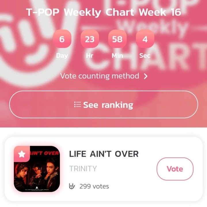 TRINITYwithSub's tweet photo. #LifeAintOver is now officially on #TPOPChart ✨✨✨

Let's get our boys their first trophy by keep streaming the MV &amp; the track on Spotify. Also make sure to VOTE EVERY DAY on T-POP application.

50% = YouTube
25% = Spotify
25% = Vote

#StreamforTNT
#TRINITY_TNT
@TRINITY_TNT_OFC https://t.co/tN9gYUNcds