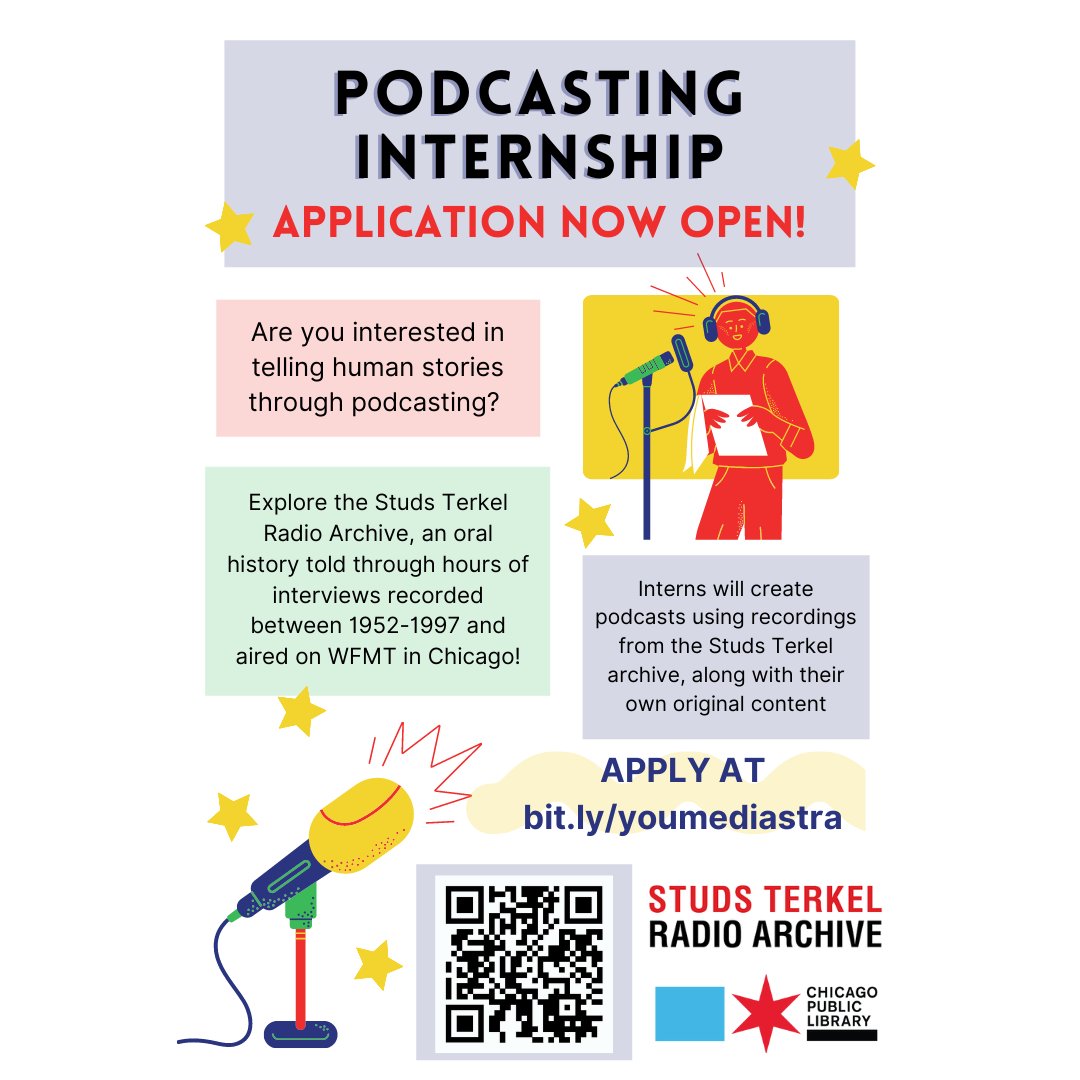 YOUmedia (@youmediachicago) on Twitter photo Interested in a media career? Then apply to our paid podcasting internship hosted in collaboration with <a href="/StudsArchive/">Studs Terkel Radio Archive</a>. Visit bit.ly/youmediastra to apply and for more details. Interested in a media career? Then apply to our paid podcasting internship hosted in collaboration with <a href="/StudsArchive/">Studs Terkel Radio Archive</a>. Visit bit.ly/youmediastra to apply and for more details.