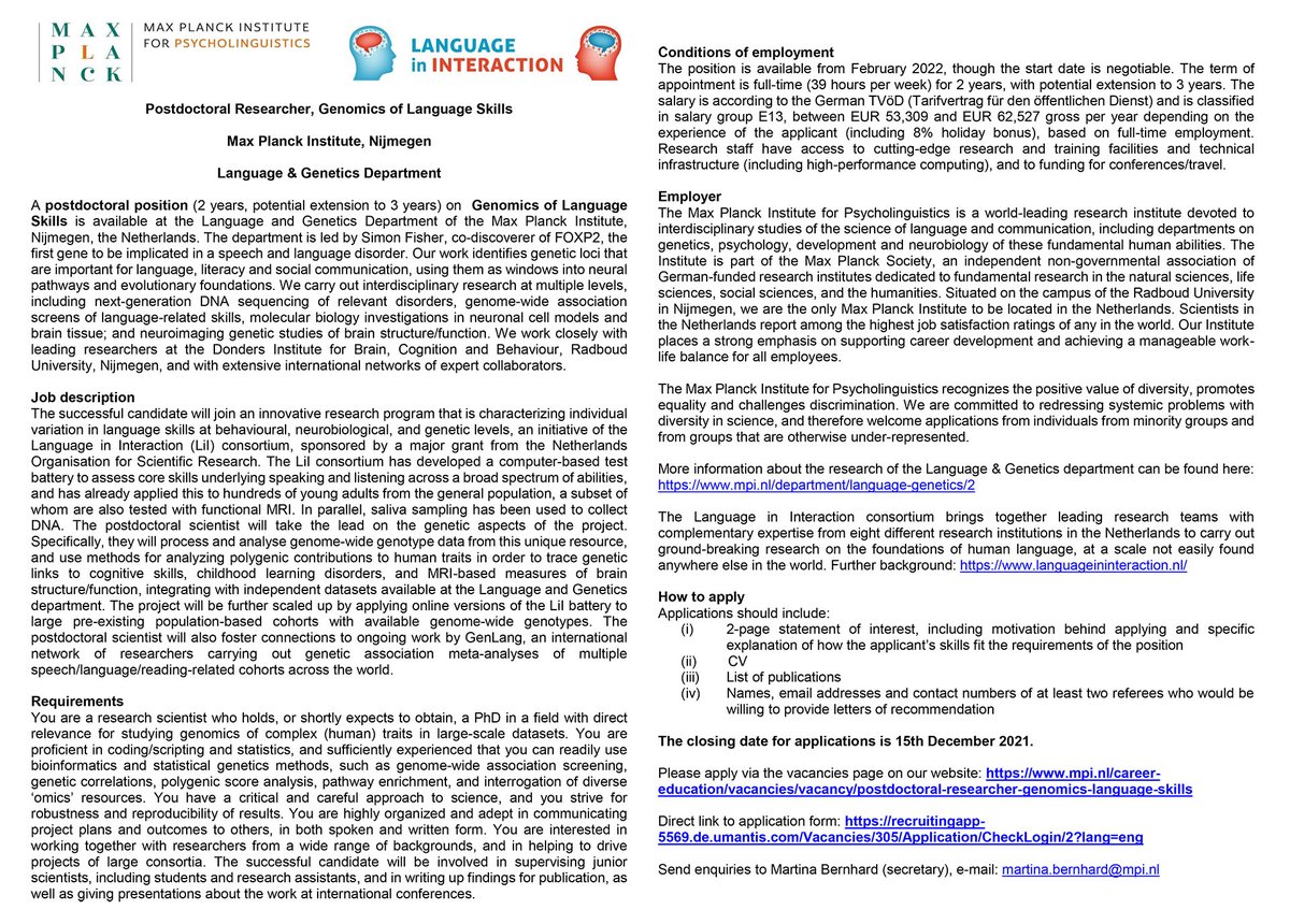 Only a few days left to apply for our new postdoc position on genomics of human language skills. More info below - feel free to get in touch if you have questions about the project, team, environment etc. RTs much appreciated! mpi.nl/career-educati…