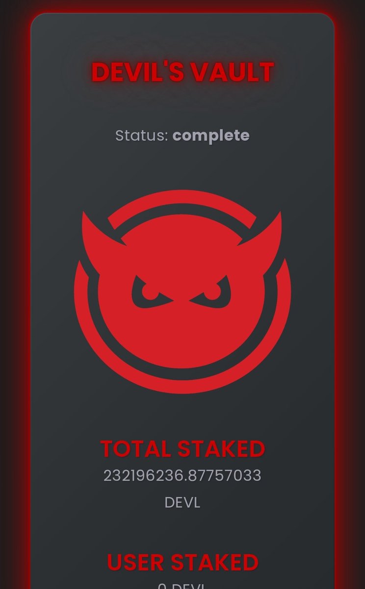 DevilTheCrypto's tweet image. 1/3 of the total Supply of DEVL is now staked in the Devil's Vault. Capitalize on the Rewards and Buy and stake #DEVL 😈 t.me/DevilTheCrypto #DeFi #Crypto #NFTs