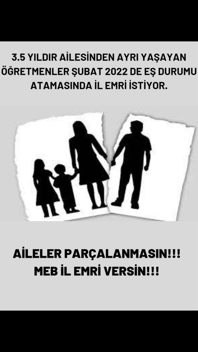 3yıllık sözleşmelilikte devletimizin verdiği görevi ailemizden uzakta yaptık

Kadroya geçmemize rağmen eş özrü kontenjanlarının azlığı nedeniyle eşimizdrn,çocuğumuzdan ayrı kalmaya devam edeceğiz

Bu yüzden
 #mebŞubattaİlEmrişart
<a href="/tcmeb/">Millî Eğitim Bakanlığı</a> 
<a href="/aebilgili/">Ahmet Emre Bilgili</a> 
<a href="/ikoncuk/">İSMAİL KONCUK</a> 
<a href="/yildirimkaya40/">Yıldırım Kaya</a>