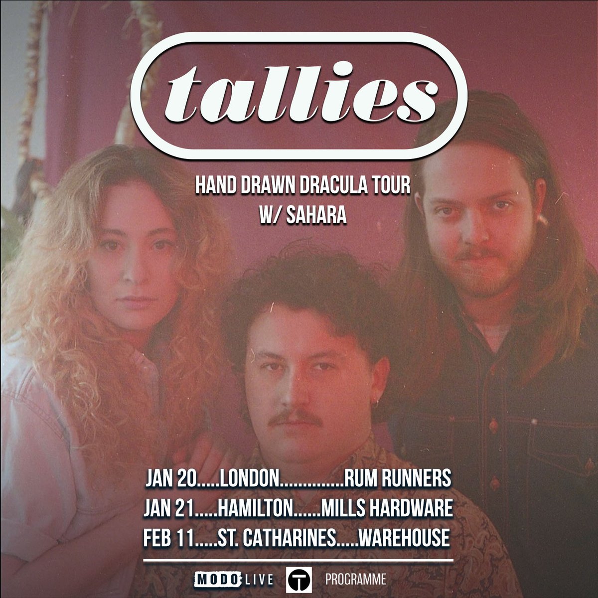 modo_live's tweet photo. ON-SALE NOW: Toronto’s indie artist collective @HandDrawnDrac brings the ethereal dream-pop of @TALLIESband and jangle-pop charm of label mates @ContactSahara to three Ontario cities on their Dreams of Fayres Winter Tour! Tickets are on-sale NOW!

🎫 https://t.co/0KTO0UOX9v https://t.co/cZage1b3pC