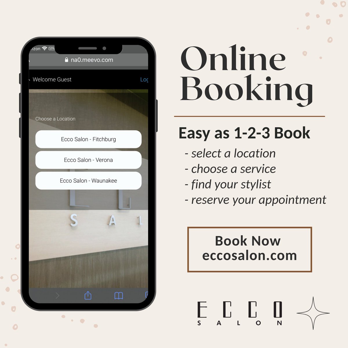 Did you know we offer Online Booking? It's as easy as 1-2-3 Book! Book your next appointment online at eccosalon.com #eccosalon #bookonline #easy #booknow