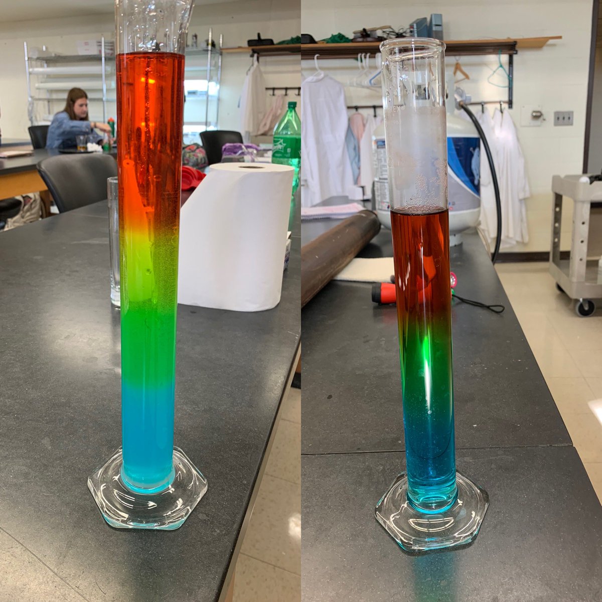 pchemstud's tweet photo. Sugar density tower created on 9/15/21 (left) and left undisturbed until today (right). What do you notice? https://t.co/8W7BVLyIWe