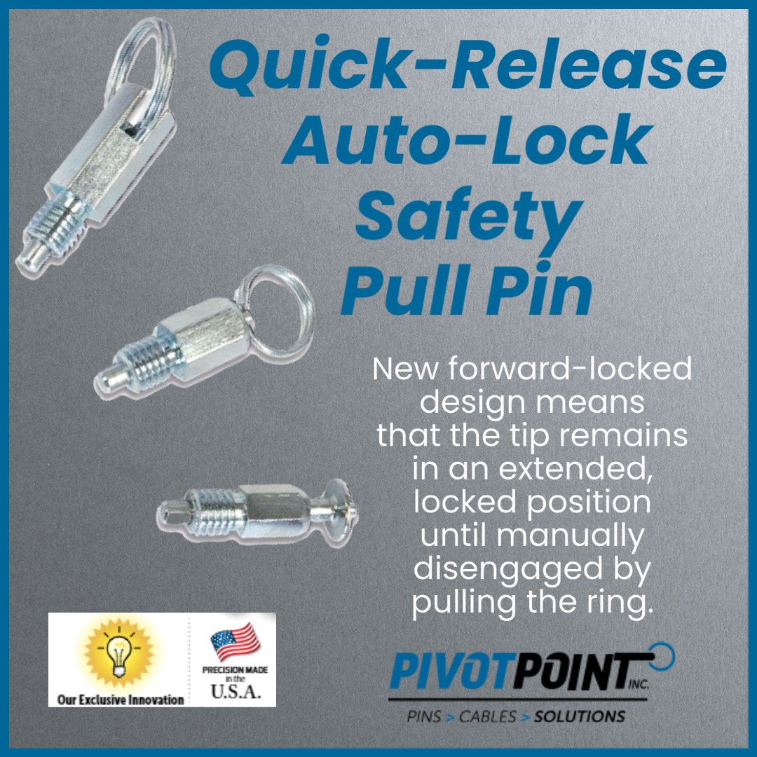 PivotPointPins's tweet image. Our NEW Quick-Release Auto-Lock Safety Pull Pin features a retractable tip that locks into an extended (forward) position automatically. 
Watch our informative video: bit.ly/31JCvoI
#NonThreadedFasteners #PullPin #LockingPins