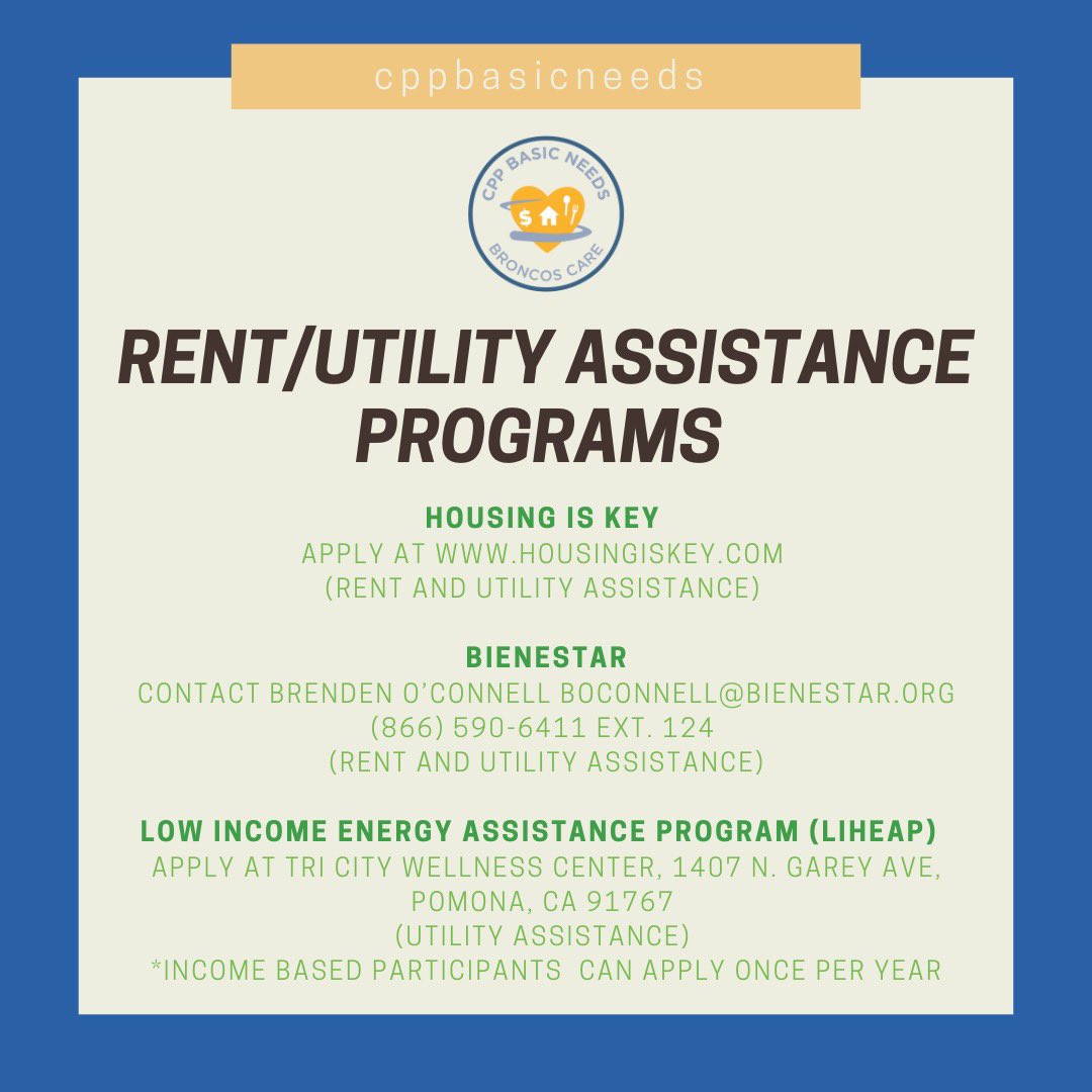 CPPBasicNeeds's tweet image. Hello Broncos! 🏠🧾🥗
Please swipe ➡️ to find information to get you connected to Bridge Housing, Rent/Utility Assistance and Food Pantries!
If you have any additional questions or comments please email us at basicneeds@cpp.edu
#cpp #cppbasicneeds