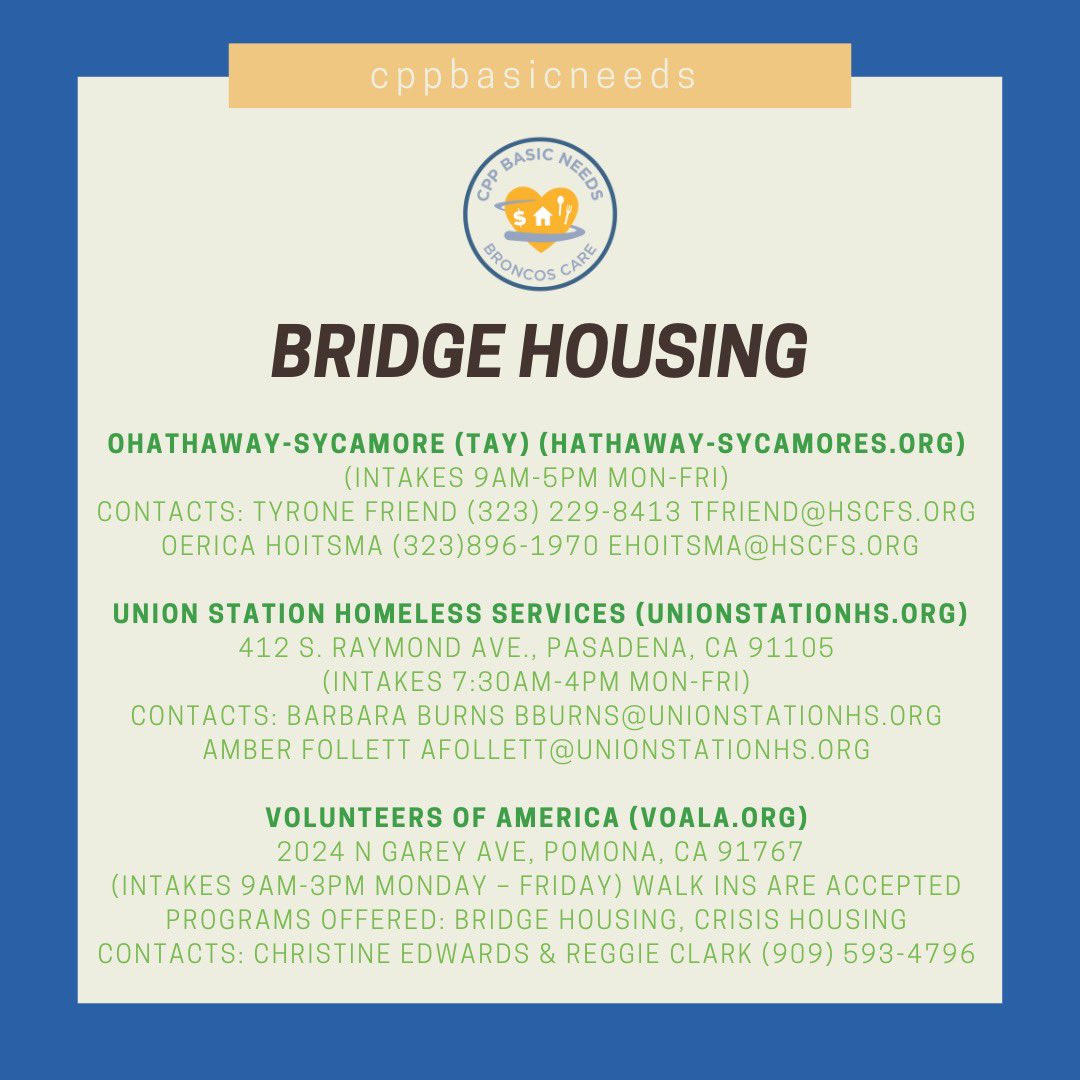CPPBasicNeeds's tweet image. Hello Broncos! 🏠🧾🥗
Please swipe ➡️ to find information to get you connected to Bridge Housing, Rent/Utility Assistance and Food Pantries!
If you have any additional questions or comments please email us at basicneeds@cpp.edu
#cpp #cppbasicneeds
