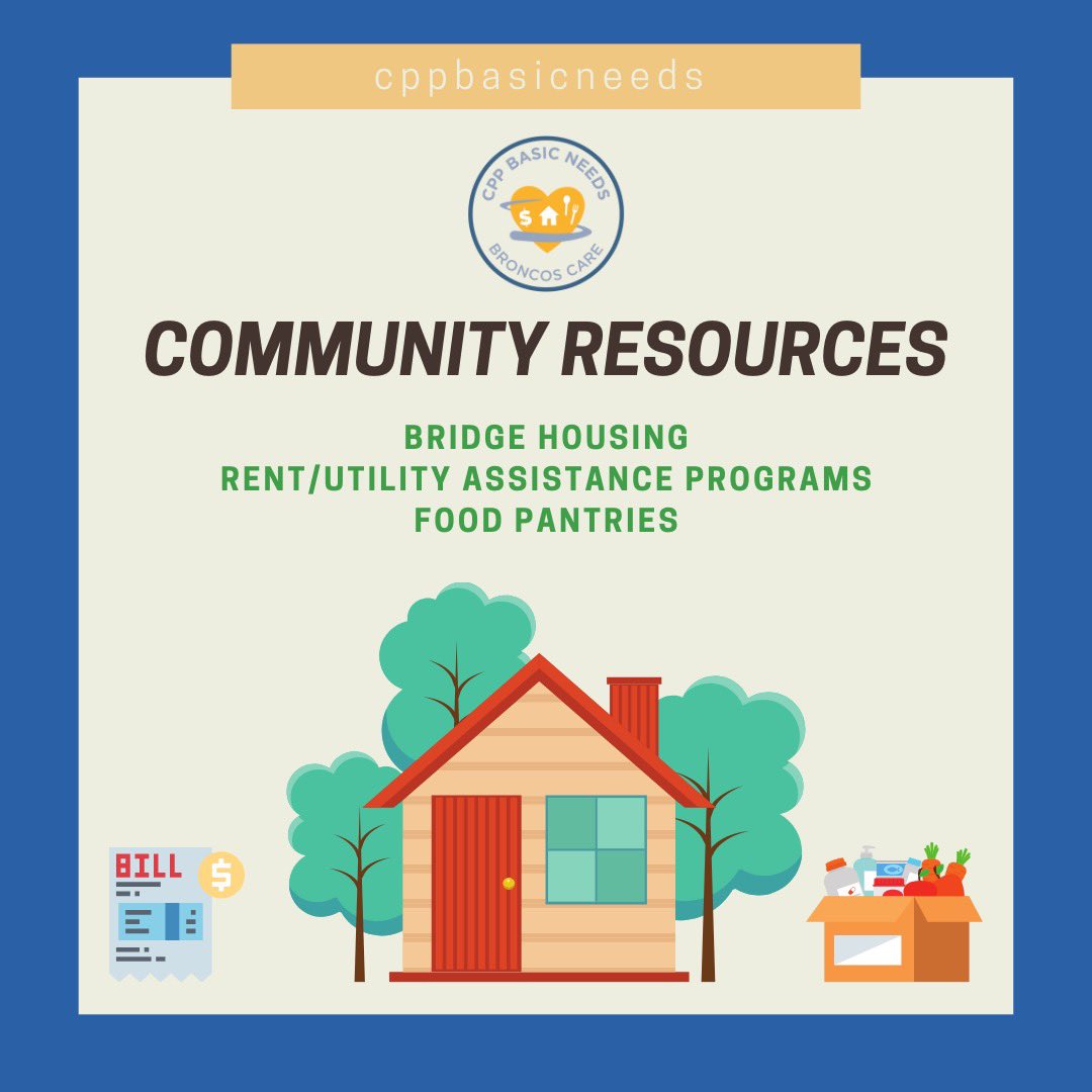 CPPBasicNeeds's tweet image. Hello Broncos! 🏠🧾🥗
Please swipe ➡️ to find information to get you connected to Bridge Housing, Rent/Utility Assistance and Food Pantries!
If you have any additional questions or comments please email us at basicneeds@cpp.edu
#cpp #cppbasicneeds