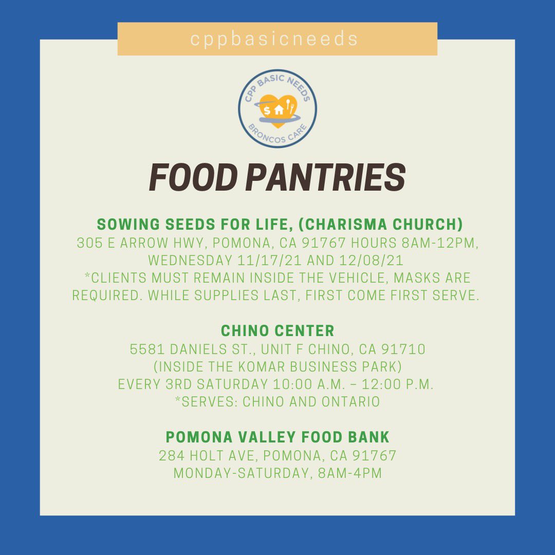 CPPBasicNeeds's tweet image. Hello Broncos! 🏠🧾🥗
Please swipe ➡️ to find information to get you connected to Bridge Housing, Rent/Utility Assistance and Food Pantries!
If you have any additional questions or comments please email us at basicneeds@cpp.edu
#cpp #cppbasicneeds