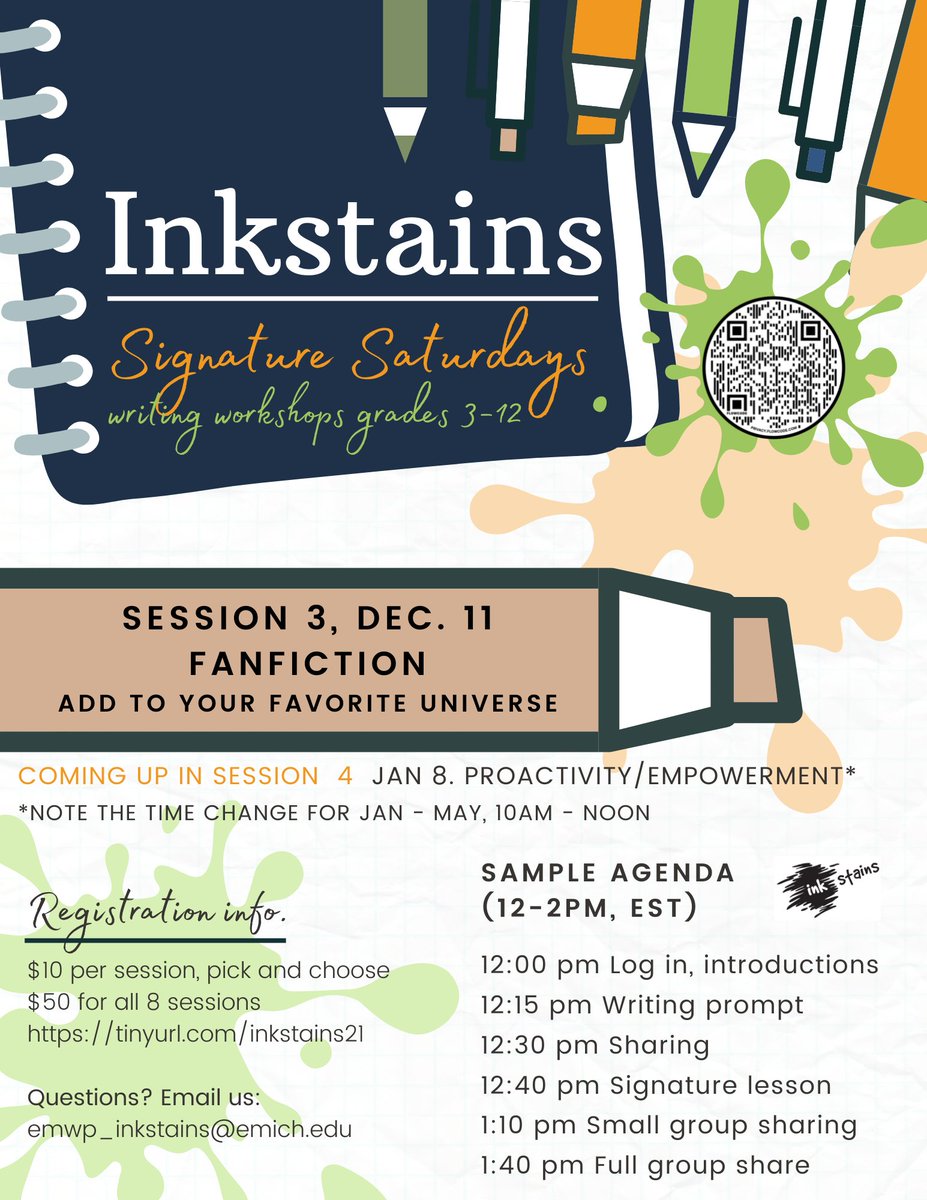 3rd - 12th graders are writing fanfiction!
Saturday, 12/11
noon-2 pm EST

Elementary &amp; secondary National Writing Project teachers work in age-appropriate breakout rooms. 

$10
ebill.emich.edu/C20704_ustores…
emwp_inkstains@emich.edu 

#writing #kidwriting #nwp <a href="/writingproject/">Writing Project</a>