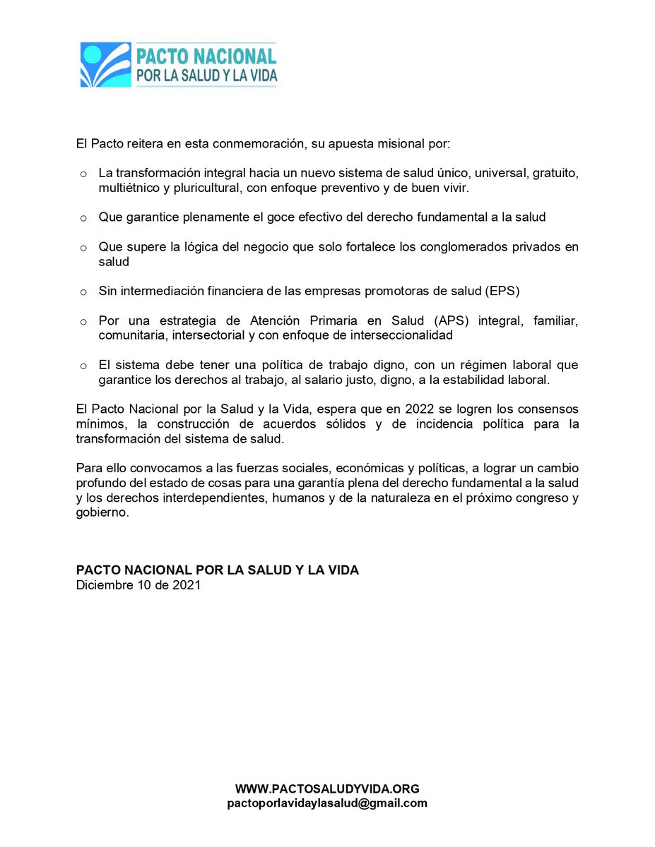 PactoSalud's tweet photo. En el día Internacional de los Derechos Humanos el Pacto Nacional por la Salud y la Vida hace un llamado a la reflexión y la lucha por la defensa de los mismos #ALaVidaTodo https://t.co/urDZLLc2Hf