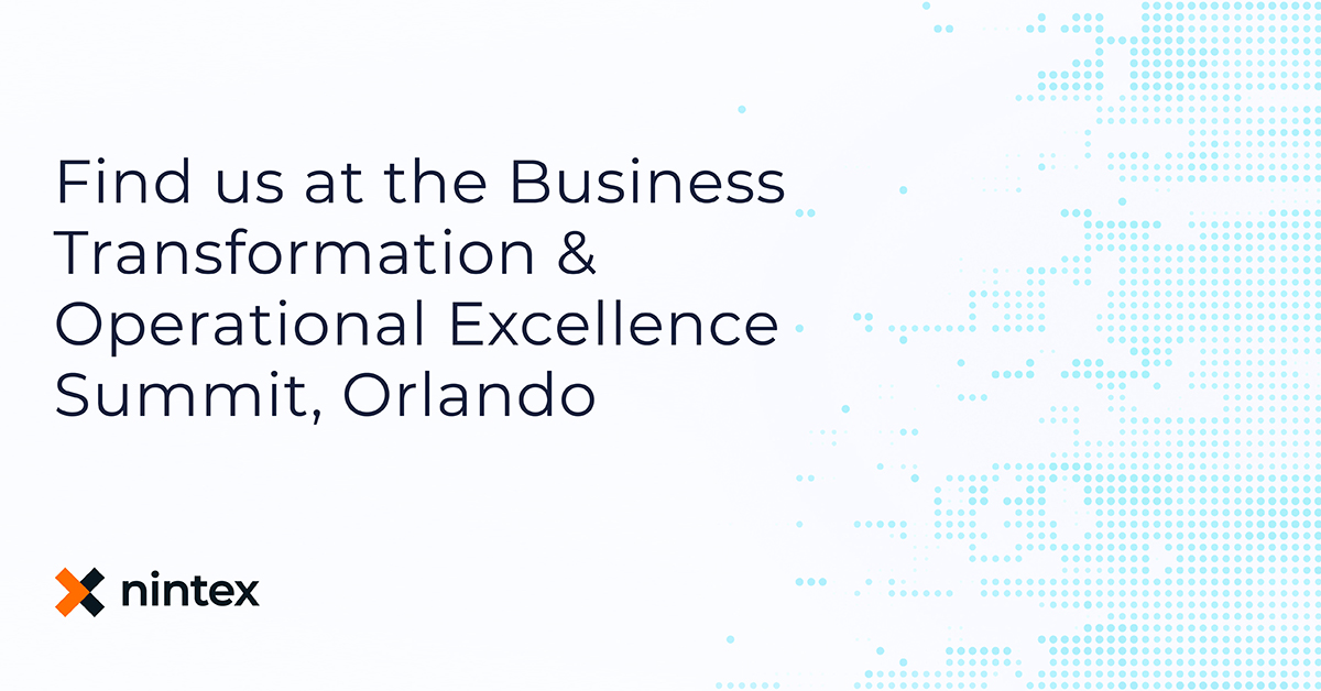Nintex's tweet photo. Accelerate transformation with Nintex. Look out for us at the #BusinessTransformationandOperationalExcellenceSummit in Orlando from Dec 13-16, at booth 1/2. #BTOEs #digitaltransformation https://t.co/f8UuQ1iJnF