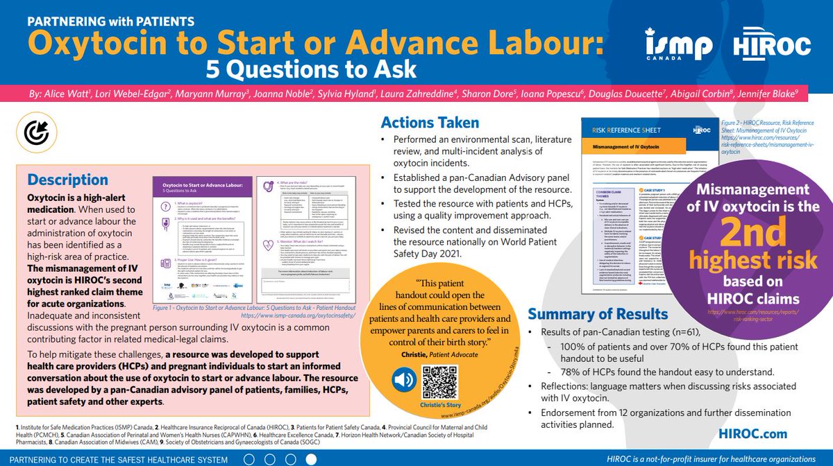 Partnering with Patients! Oxytocin to Start or Advance Labour: 5 Questions to Ask poster was shared virtually at the #IHIFORUM2021 this past week!  Learn more about this pan-Canadian 🇨🇦 collaboration here:➡️ismp-canada.org/oxytocinsafety/