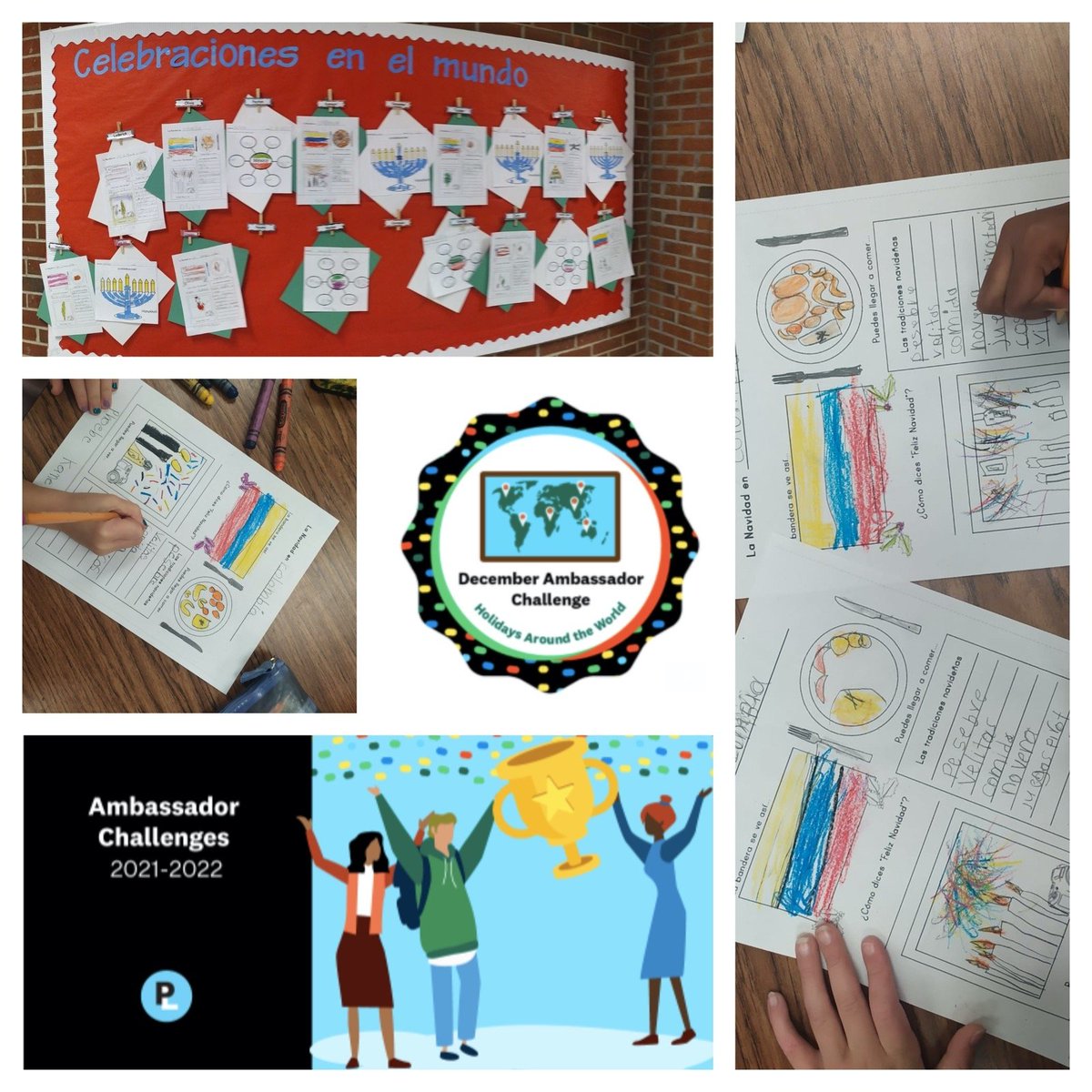 We did it! Our bulletin Board about how people celebrate Christmas around the world. We add our home countries   🇪🇨🇨🇴 and some others. Students were surprised about how different traditions during this amazing season. #unitingourworld #ambassadorchallenge <a href="/ParticipateLrng/">Participate Learning</a>