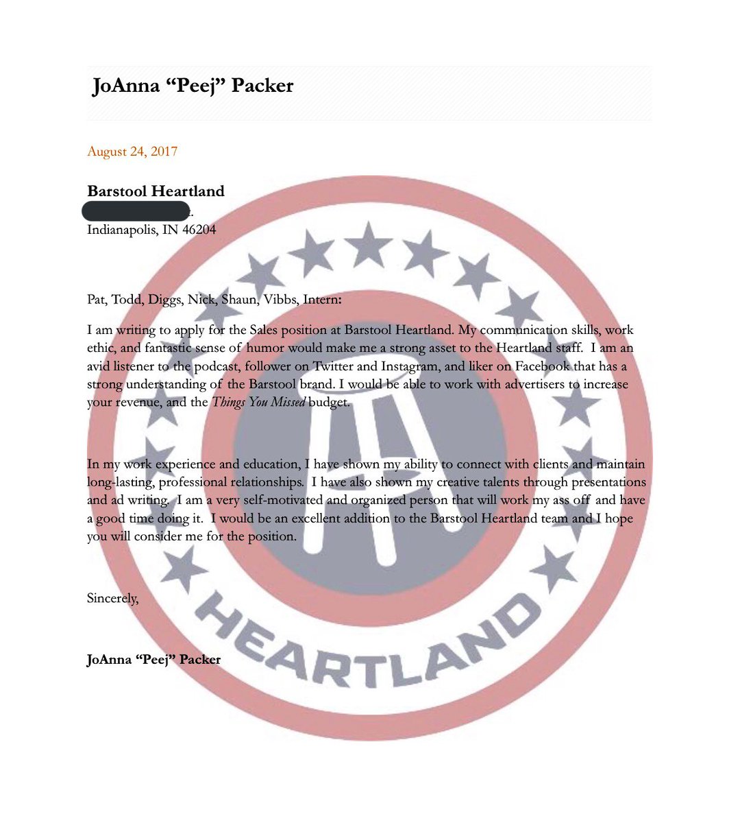 peej_packer's tweet photo. This is the cover letter I wrote in 2017 when I applied for the sales job at Barstool Heartland! However, I’ve been listening since you were recording podcasts in your basement with Jay. Very PRAUD of you and the boys! #PMSFANDUELFAMILY @PatMcAfeeShow https://t.co/huf5i7tK4z