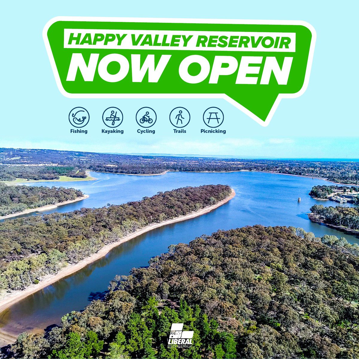 marshall_steven's tweet photo. For the first time in 120 years, Happy Valley Reservoir is open for public recreational use!

🛶 Kayaking 
🎣 Fishing
🚲 20km of cycling/walking trails
🧺 Picnic shelters 
👀 Lookout &amp; jetty 

It’s the 9th reservoir to open under our policy - in the most liveable place in Aus! https://t.co/w5SJ228prD