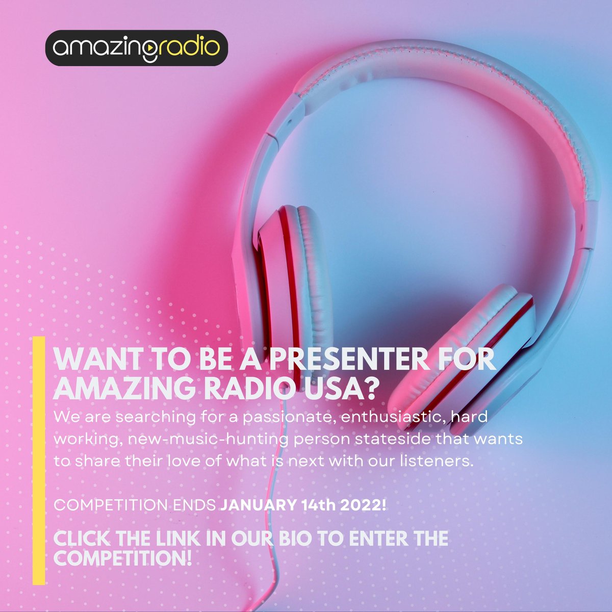 AmazingRadioUSA's tweet photo. Want to join our team?
Are you an avid new-music lover? Are you the first of your friends to know what is next?
Competition ends on 1/14/21!
CLICK THE LINK IN OUR BIO TO ENTER!
#competition #newpresenter #amazingradiousa #rejectthealgorithm https://t.co/u89w4iUS9p