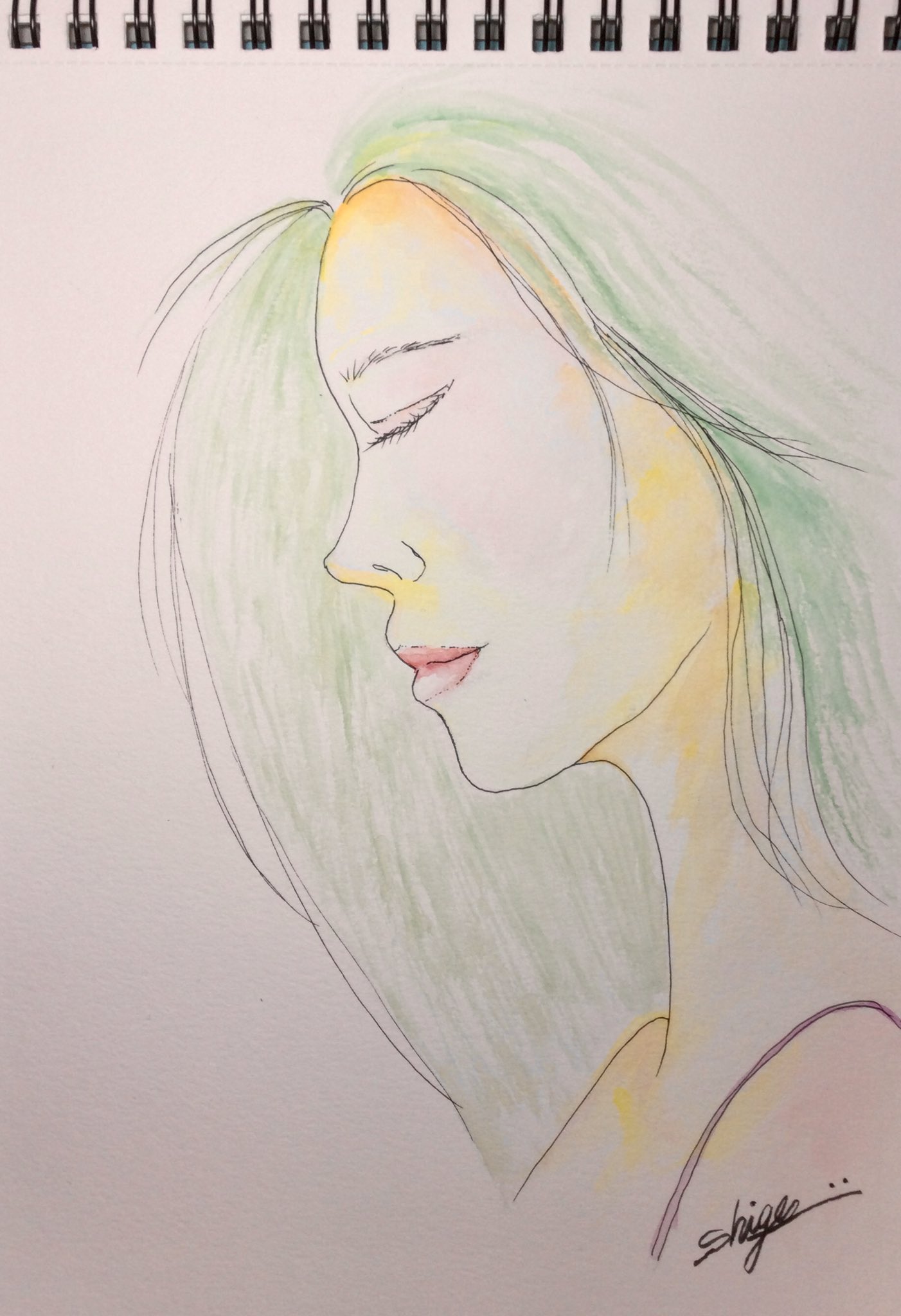 しげ兄 横を向いて考えている女性 今朝は透明水彩絵の具を使って そっと目をつぶって考え事をしている女性を描いてみました 透明水彩画 人物 イラスト 女性 横顔 絵を描いている人と繋がりたい 絵が好きな人と繋がりたい T Co