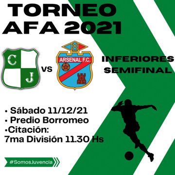 🏆TORNEO INFERIORES 2021
      SEMIFINAL
👆🏼 vs <a href="/ArsenalFutsal1/">ArsenalFutsal</a> 
👆🏼 Sábado 11/12. 
👆🏼12 hs comienza el encuentro 
👆🏼 Predio Borromeo 
.
Los esperamos 🙌🏼🌟.
.
#SomosJuvencia 🇳🇬