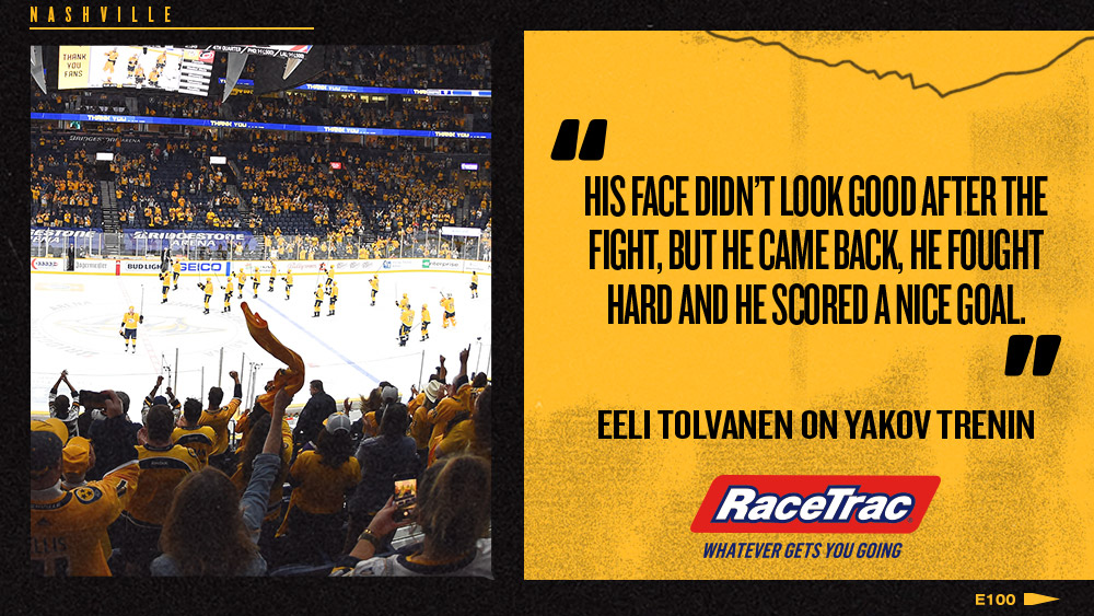 FDSN_Predators's tweet photo. ✔️ Fought Chara
✔️ Scored game-tying goal
Yakov Trenin impressed his @PredsNHL teammates with his toughness and resiliency on Thursday night.
@RaceTrac | #WhateverGetsYouGoing https://t.co/jtw8hBCxrb