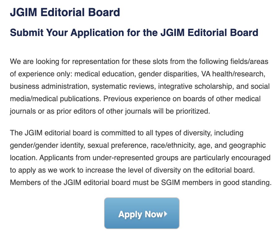 Utibe R. Essien, MD MPH (@uressien) on Twitter photo Lots of opportunities ahead to revamp the future of <a href="/JournalGIM/">JGIM Journal of General Internal Medicine</a> and the way research & education is shared with our community of internists! New editorial board & Associate Editor opportunities below. ππΎ
Reach out to <a href="/lasser_karen/">Karen Lasser, MD MPH</a> with questions!
Link: sgim.org/publications/jβ¦ Lots of opportunities ahead to revamp the future of <a href="/JournalGIM/">JGIM Journal of General Internal Medicine</a> and the way research & education is shared with our community of internists! New editorial board & Associate Editor opportunities below. ππΎ
Reach out to <a href="/lasser_karen/">Karen Lasser, MD MPH</a> with questions!
Link: sgim.org/publications/jβ¦