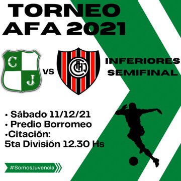 🏆TORNEO INFERIORES 2021
      SEMIFINAL
👆🏼 vs <a href="/Chacaritafutsal/">Chacarita Futsal</a> 
👆🏼 Sábado 11/12. 
👆🏼13 hs comienza el encuentro 
👆🏼 Predio Borromeo 
.
Los esperamos 🙌🏼🌟.
.
#SomosJuvencia 🇳🇬