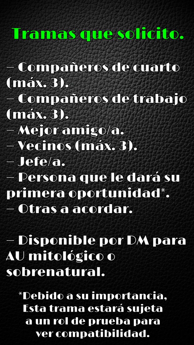 『 Hombre de 28 años que mientras persigue su meta de vida, se dedica a servir copas de día, y a ser DJ por la noche.
『 Rol medio a extenso, con buena ortografía y descripción detallada.
『 Tramas a acordar.

¿Pueden ayudarme con la difusión? Devuelvo RT's.

#FreeRol » #SexRol