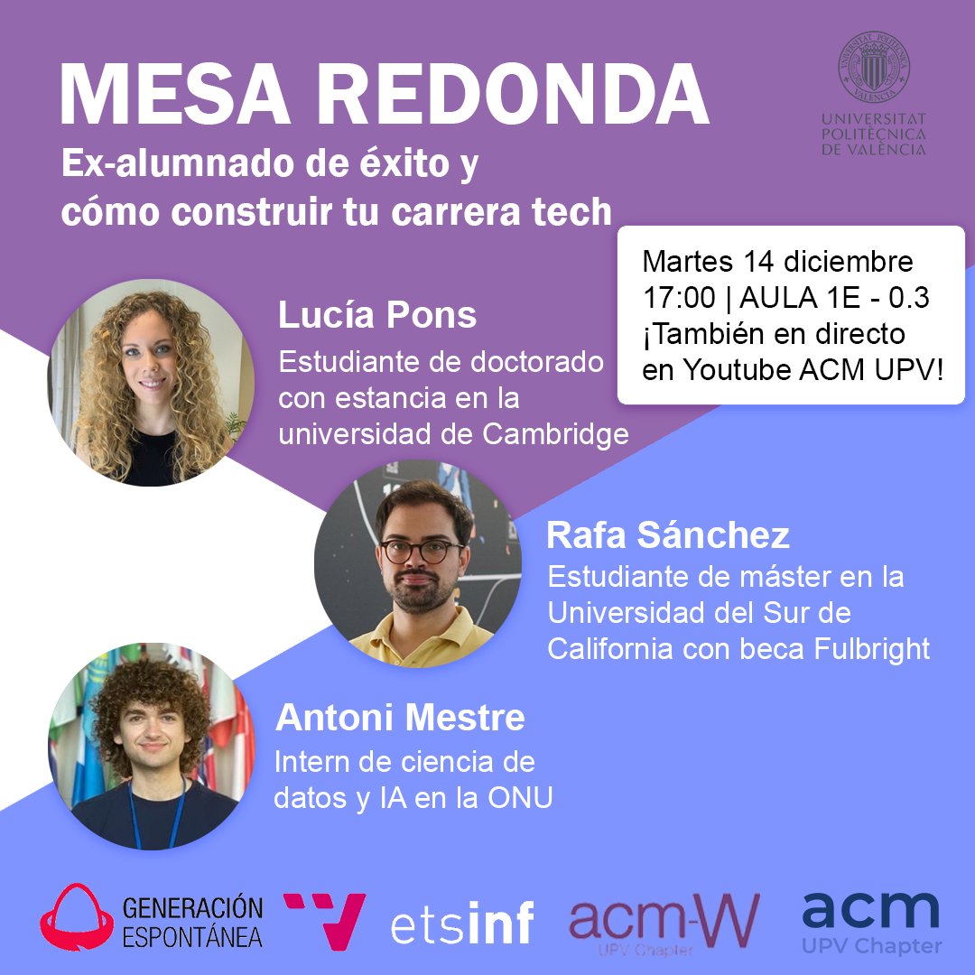 AcmUpv's tweet photo. ¿No sabes cuál será tu siguiente paso en tu carrera Tech? ¡Ven y conoce la historia de tres grandes profesionales que empezaron en la UPV y ahora viven su sueño! Te contarán cómo triunfar en tus objetivos y cómo conseguir nuevas oportunidades. 

https://t.co/x8BtBuZVX1 https://t.co/UCNRACxBxe