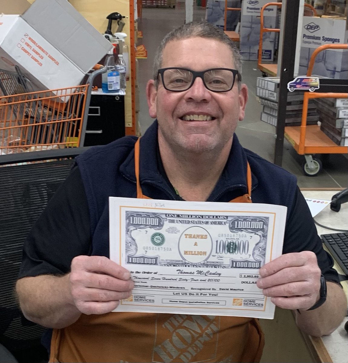 Even a Flooring Associate can generate great installed windows leads! Here’s Tom McCauley at Store 3808 showing off a friendly smile and a Cha-Ching Check he received for his efforts. <a href="/THDKarla/">Karla Robinson</a> <a href="/NICKPOHLHD/">NICK POHL</a>