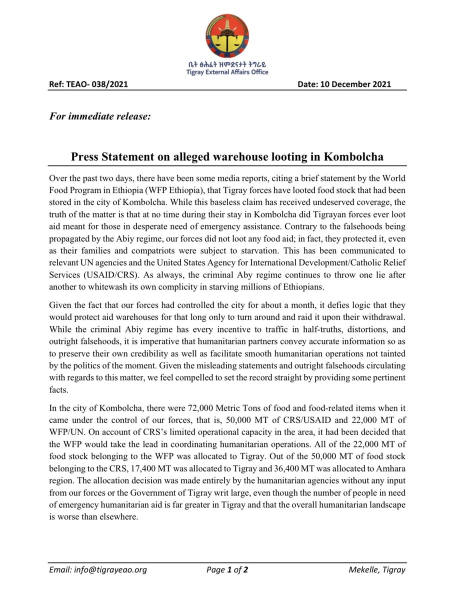 ProfKindeya's tweet photo. Press Statement on alleged warehouse looting in Kombolcha @TigrayEAO .@reda_getachew .@BBCWorld .@bbcworldservice .@UN .@WFP_Ethiopia .@UNEthiopia .@OCHA_Ethiopia .@antonioguterres https://t.co/7GbKHoLZVs