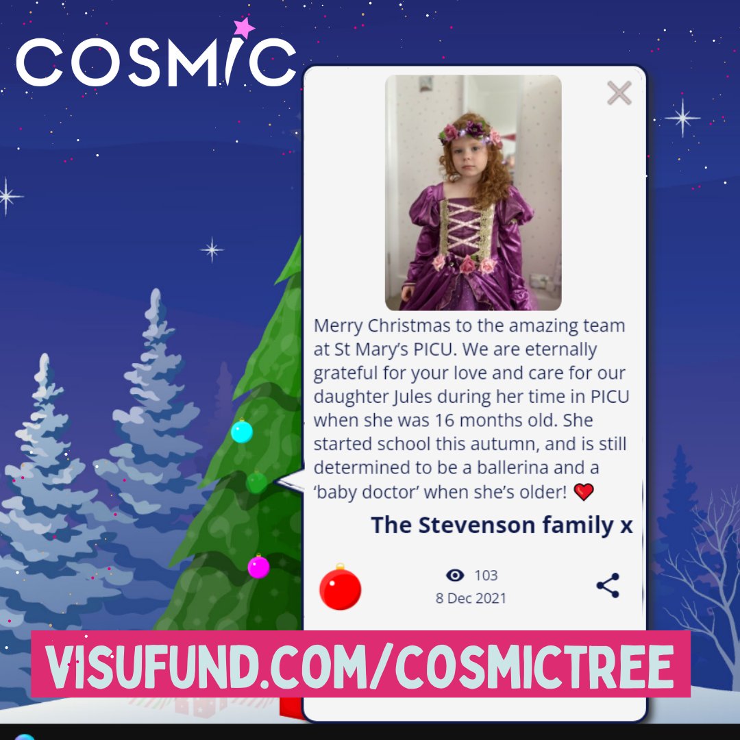 🎄 This Christmas, help us provide world-class care to seriously ill babies and children by dedicating a bauble on our virtual tree, and leave a message for our wonderful NHS team at St Mary's and Queen Charlotte's hospitals. 

⭐ visufund.com/cosmictree ⭐

#COSMICChristmas