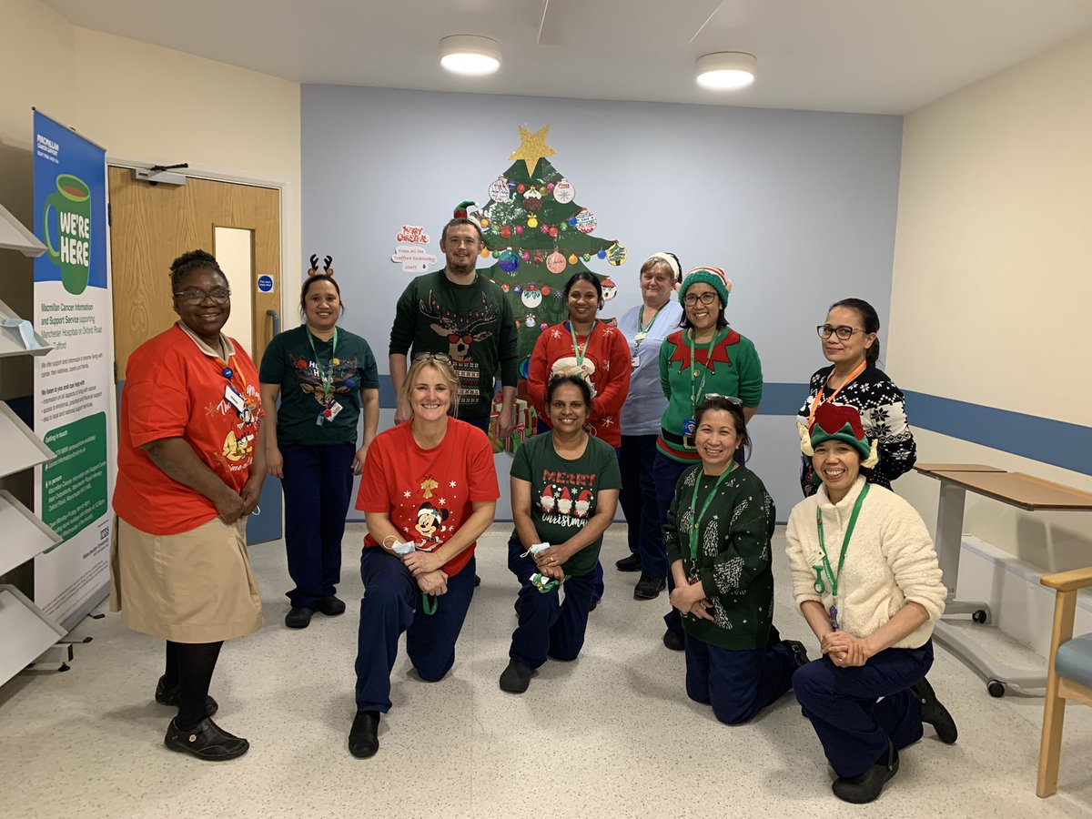 suzpearson71's tweet photo. Great Christmas jumper day today raising money. Some Christmassy biscuits and then a Lovely picture in front of our tree after patient care🎄. Great team! ❤️ @Trafford_Endo https://t.co/HyKa0SB5Lq