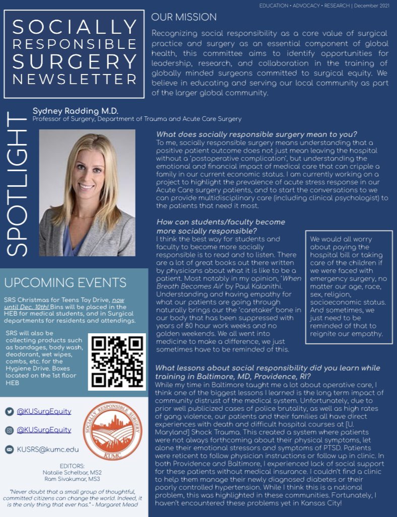 Thanks Dr. Radding from the KU Trauma team for being the spotlight in our Dec newsletter! Read her responses on how she practices #sociallyresponsiblesurgery