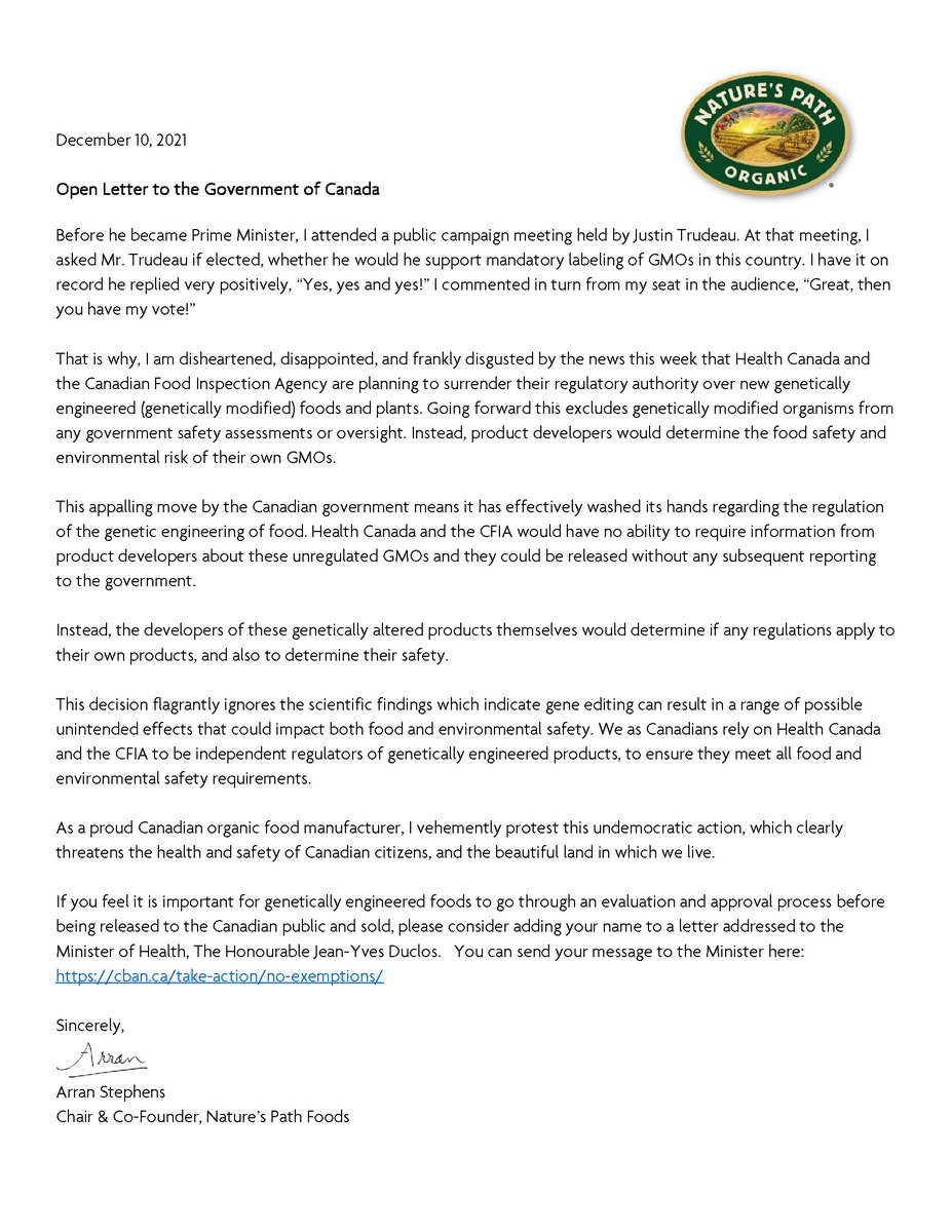 NaturesPath's tweet image. A message from our Chair &amp;amp; co-founder, Arran Stephens, on the recent news regarding @GovCanHealth and @InspectionCan plans to surrender their regulatory authority over GMO foods and plants in Canada 🇨🇦 #NoRegulationNoTrust @biotechaction