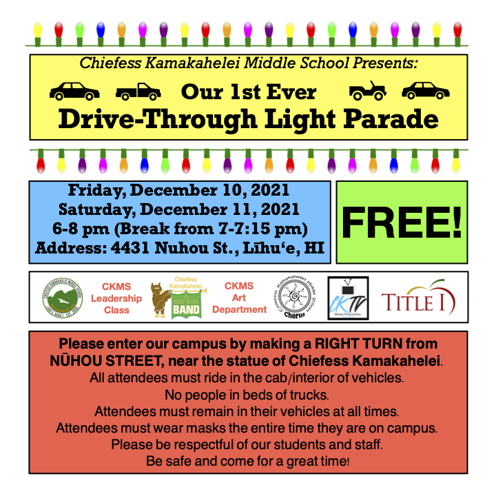 Our first ever holiday drive through parade starts tonight from 6-8 pm! Drive through our campus this evening to see holiday lights and decorations set up and listen to our chorus and band perform! Please remain in your car and wear your masks as you drive through our campus!