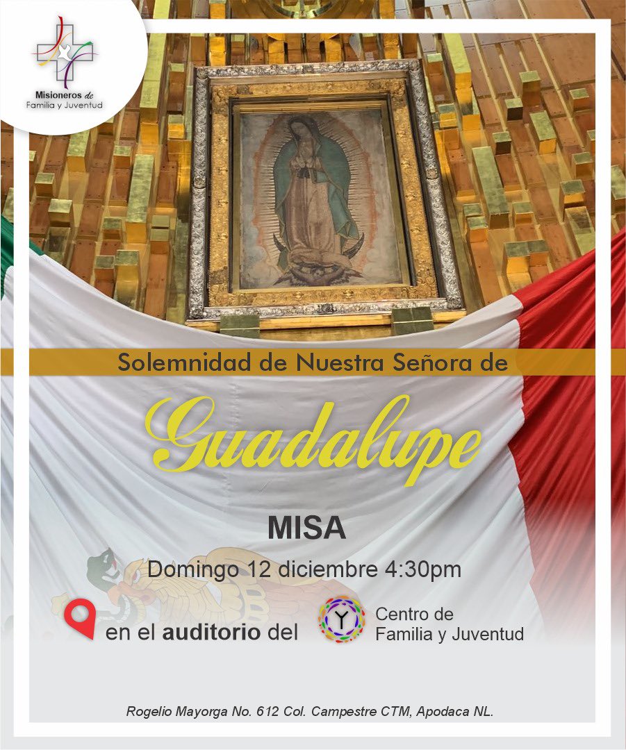 ¡Te invitamos el domingo 12 de diciembre a asistir a misa en el Centro de Familia y Juventud (el terreno)! 💕

Hora: 4:30 pm

Solemnidad de nuestra Señora de Guadalupe❤️

¡Invita a tus hermanos y a tu familia!