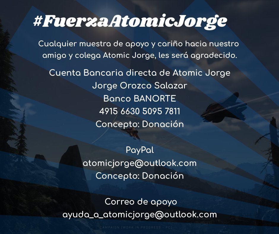 Nunca he hablado bien con el Atomic pero como siempre una cosa es el cotorreo y otra muy distinta algo tan delicado como la salud.
Les dejo esto para el que pueda apoyar, me parece que su situación es complicada así que cada ayuda cuenta. 
#FuerzaAtomicJorge