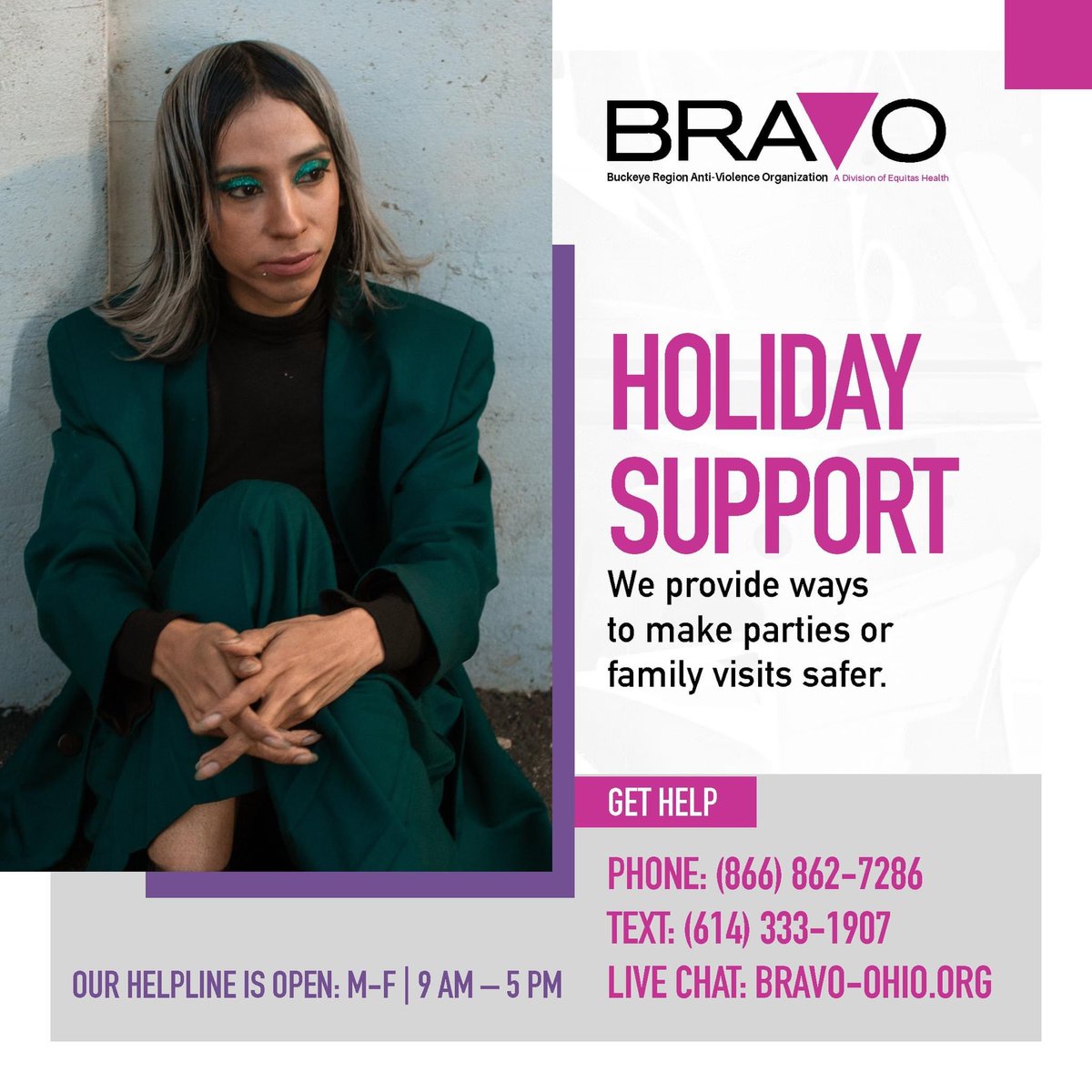 BRAVOAVP's tweet photo. For many, this time of year can be tough. If you have experienced hate or bias violence, sexual assault, or relationship violence and need someone to talk to, our team at BRAVO can help. Speak to an advocate by calling, texting, or live chatting with us. https://t.co/7cF14UL4BT