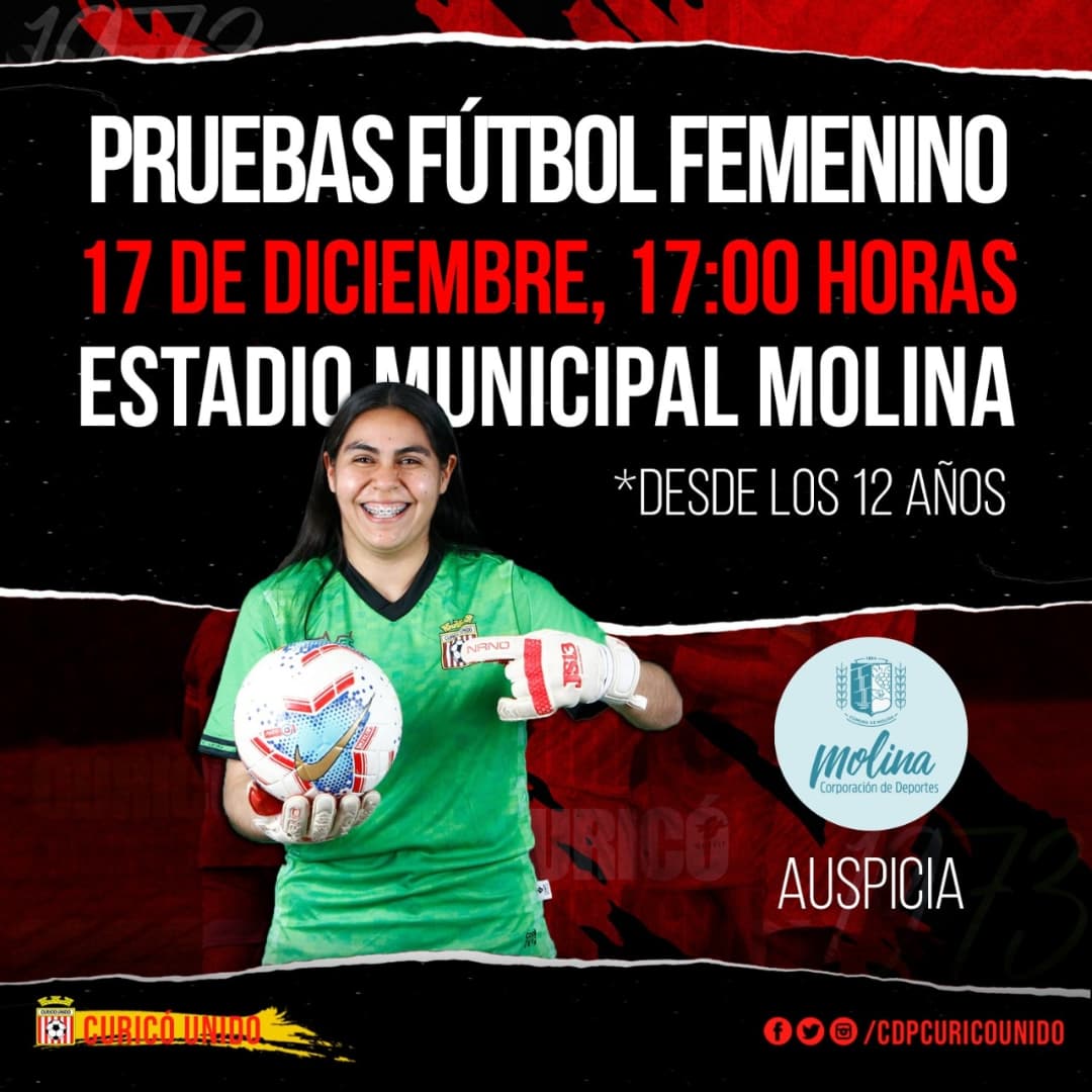 ¡Súmate al Curi Femenino! 🤩

Revisa la programación para las pruebas del Fútbol Femenino y demuestra que puedes defender nuestros colores 🤍❤️

Debes asistir con ropa deportiva (sin camiseta de otro equipo chileno), carnet de identidad y pase de movilidad.

#ElClubDeSuGente ⚪️🔴