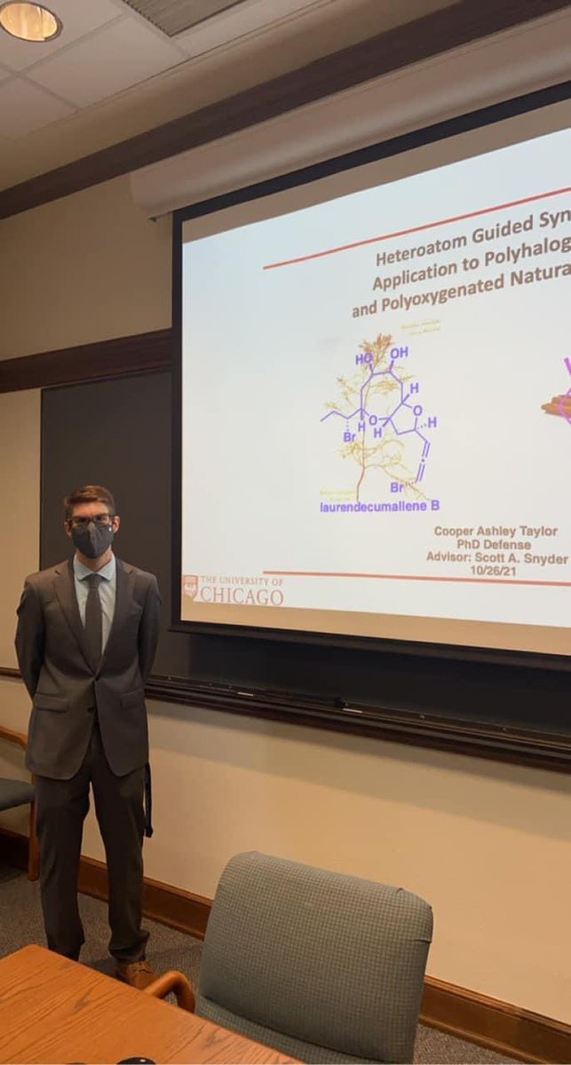 SASnyderLab's tweet image. Congratulations to Dr. Cooper Taylor for successfully defending his thesis! In our group, Cooper has successfully worked on the synthesis of polyhalogenated and polyoxygenated natural products. We wish him the best at his new position at Incyte in Delaware! You’ll be missed!