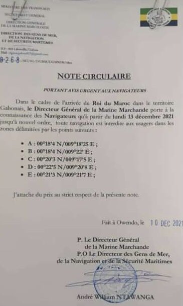 Mpagm2014's tweet image. La #note #circulaire aux #navigateurs à propos de l’#arrivée du #roi du #maroc en #territoire gabonais entraînant l’#interdiction de navigation dans les zones A, B, C , D, E citée ci après #Libreville #Gabon #Estuaire