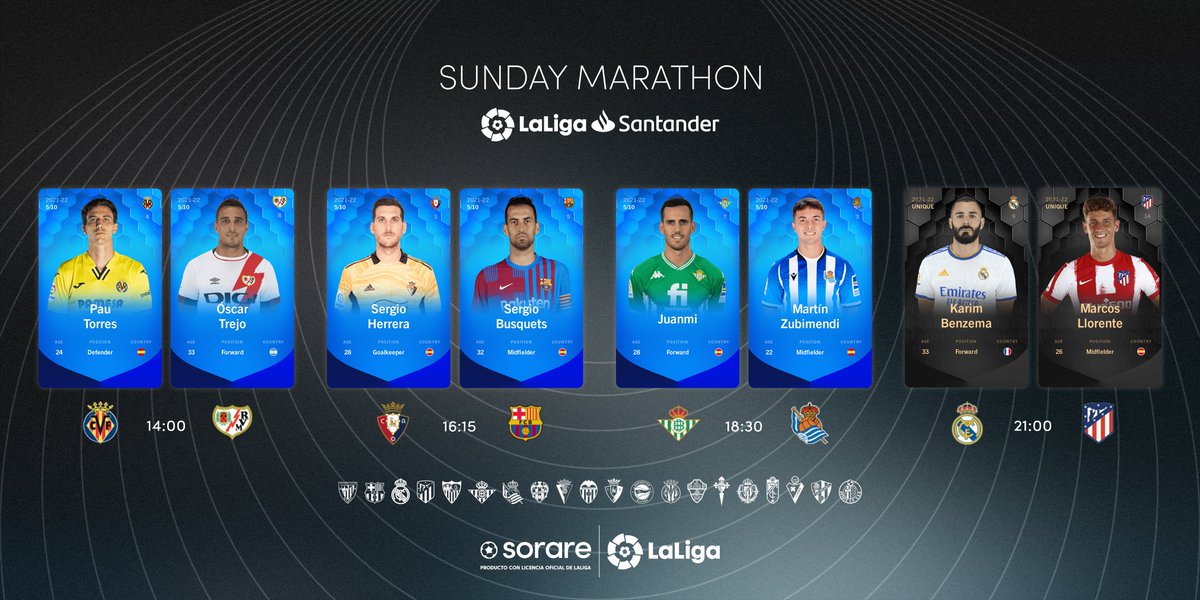 Special #LaLiga #NFT cards are landing on #Sorare very soon. ⚽️

🇪🇸 Join us on Sunday for a <a href="/LaLiga/">LALIGA</a> marathon. All the important details are below. ⬇️

Which of these players will get the highest score in Game Week 226?