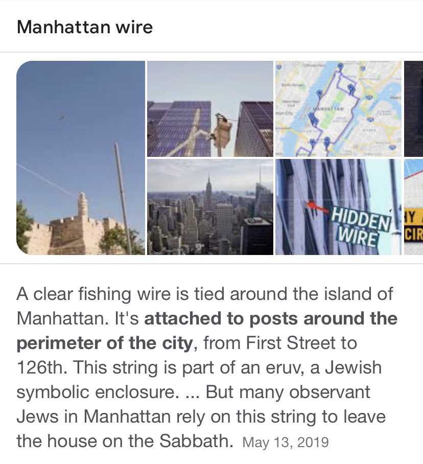 Reminder that the Jews installed a big wire around Manhattan and they pretend it’s like a roof thinking this allows them to fool God so they can go outside on the Sabbath. https://t.co/83U6llx9Id