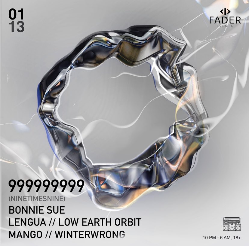 fader_events's tweet image. Fader Events Presents 999999999 (NINETIMESNINE) 😈 Get ready for hard techno and extraterrestrial sounds - headed to Miami on Thursday, January 19th! Tickets on sale now! shotgun.live/events/ninetim…