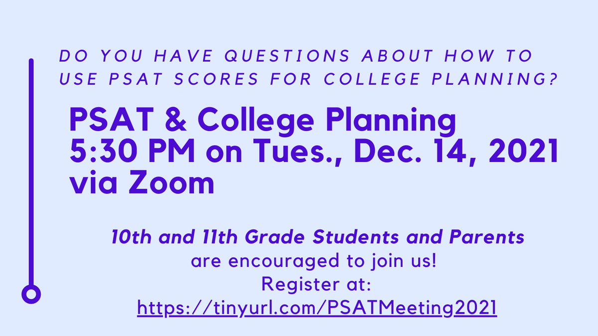 LFCISDAdvAcad's tweet photo. Do you have questions about how to use PSAT scores for college planning? We invite students and parents to attend our PSAT/College Planning session via Zoom on Tuesday, December 14, 2021 at 5:30 PM.
Register in advance for this meeting at: https://t.co/NUwGx9NjM0 https://t.co/kjwxCCN8ys
